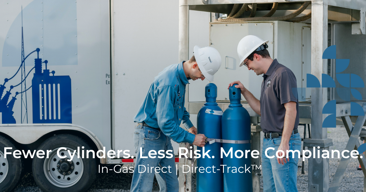 In-Gas Direct technician performing SF₆ cylinder consolidation and digital gas tracking with Direct-Track™ for utility compliance and emissions management.